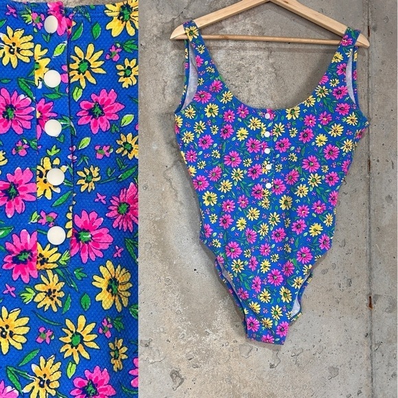 Vintage Other - Vintage 90s pacific connections blue pink yellow floral bodysuit swimsuit large